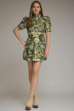 Load image into Gallery viewer, NEWEST ARRIVAL Olive/Blue Floral Print Ruffle Mock Neck Tie Back Dress
