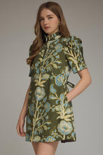 Load image into Gallery viewer, NEWEST ARRIVAL Olive/Blue Floral Print Ruffle Mock Neck Tie Back Dress

