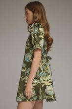 Load image into Gallery viewer, NEWEST ARRIVAL Olive/Blue Floral Print Ruffle Mock Neck Tie Back Dress
