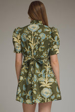 Load image into Gallery viewer, NEWEST ARRIVAL Olive/Blue Floral Print Ruffle Mock Neck Tie Back Dress
