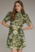 Load image into Gallery viewer, NEWEST ARRIVAL Olive/Blue Floral Print Ruffle Mock Neck Tie Back Dress

