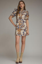 Load image into Gallery viewer, NEWEST ARRIVAL Ecru/Blue Print Ruffle Mock Neck Tie Back Dress
