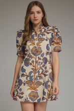 Load image into Gallery viewer, NEWEST ARRIVAL Ecru/Blue Print Ruffle Mock Neck Tie Back Dress
