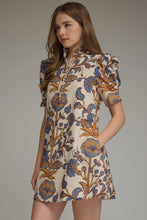 Load image into Gallery viewer, NEWEST ARRIVAL Ecru/Blue Print Ruffle Mock Neck Tie Back Dress
