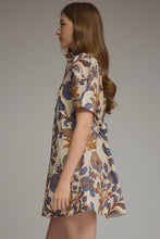 Load image into Gallery viewer, NEWEST ARRIVAL Ecru/Blue Print Ruffle Mock Neck Tie Back Dress
