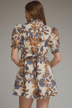 Load image into Gallery viewer, NEWEST ARRIVAL Ecru/Blue Print Ruffle Mock Neck Tie Back Dress
