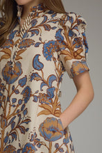 Load image into Gallery viewer, NEWEST ARRIVAL Ecru/Blue Print Ruffle Mock Neck Tie Back Dress
