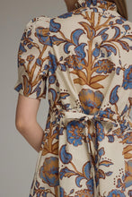 Load image into Gallery viewer, NEWEST ARRIVAL Ecru/Blue Print Ruffle Mock Neck Tie Back Dress
