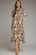 Load image into Gallery viewer, NEWEST ARRIVAL Ecru/Blue Print Button Down Midi Shirt Dress
