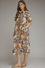 Load image into Gallery viewer, NEWEST ARRIVAL Ecru/Blue Print Button Down Midi Shirt Dress
