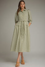 Load image into Gallery viewer, NEWEST ARRIVAL Olive Green Striped Waist Tie Midi Dress
