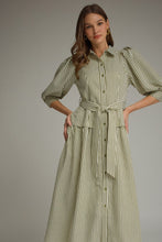 Load image into Gallery viewer, NEWEST ARRIVAL Olive Green Striped Waist Tie Midi Dress
