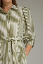 Load image into Gallery viewer, NEWEST ARRIVAL Olive Green Striped Waist Tie Midi Dress
