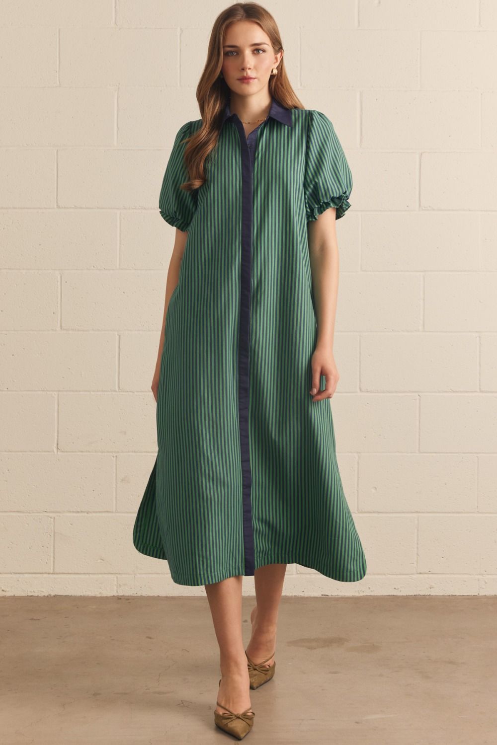green and navy striped dress LAST ONE Navy/Hunter Button Down Puff Sleeve Midi – Five Points Boutique Occasion:Brunch