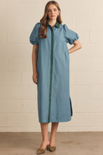 Load image into Gallery viewer, NEWEST ARRIVAL Blue/Hunter Green Striped Button Down Puff Sleeve Midi Dress
