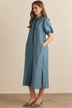 Load image into Gallery viewer, NEWEST ARRIVAL Blue/Hunter Green Striped Button Down Puff Sleeve Midi Dress
