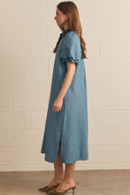 Load image into Gallery viewer, NEWEST ARRIVAL Blue/Hunter Green Striped Button Down Puff Sleeve Midi Dress
