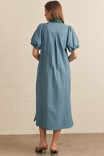 Load image into Gallery viewer, NEWEST ARRIVAL Blue/Hunter Green Striped Button Down Puff Sleeve Midi Dress
