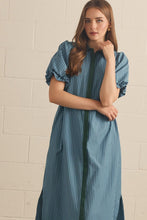 Load image into Gallery viewer, NEWEST ARRIVAL Blue/Hunter Green Striped Button Down Puff Sleeve Midi Dress

