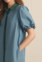 Load image into Gallery viewer, NEWEST ARRIVAL Blue/Hunter Green Striped Button Down Puff Sleeve Midi Dress
