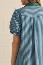 Load image into Gallery viewer, NEWEST ARRIVAL Blue/Hunter Green Striped Button Down Puff Sleeve Midi Dress
