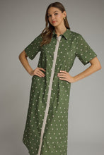 Load image into Gallery viewer, NEWEST ARRIVAL Olive Polka Dot Midi Shirt Button Down Dress
