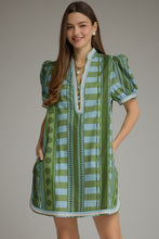 Load image into Gallery viewer, NEWEST ARRIVAL Olive Green Blue Geometric Print Dress
