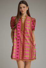 Load image into Gallery viewer, NEWEST ARRIVAL Plum Chartreuse Green Geometric Print Dress
