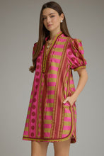 Load image into Gallery viewer, NEWEST ARRIVAL Plum Chartreuse Green Geometric Print Dress
