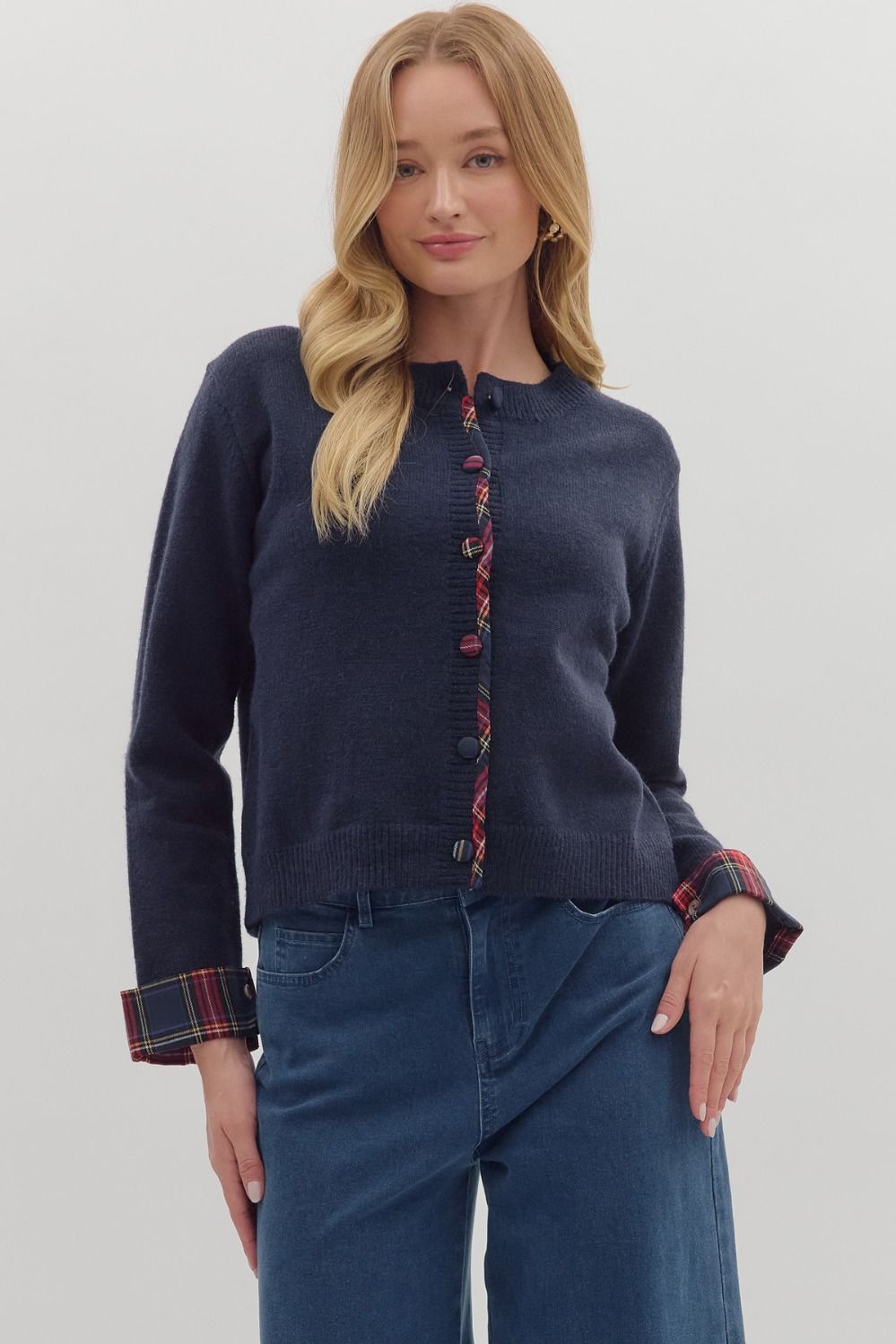 NEWEST ARRIVAL Navy Christmas Plaid Trim Cardigan