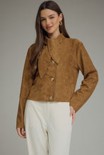 Load image into Gallery viewer, NEWEST ARRIVAL Camel Brown Scarf Neck Suede Jacket
