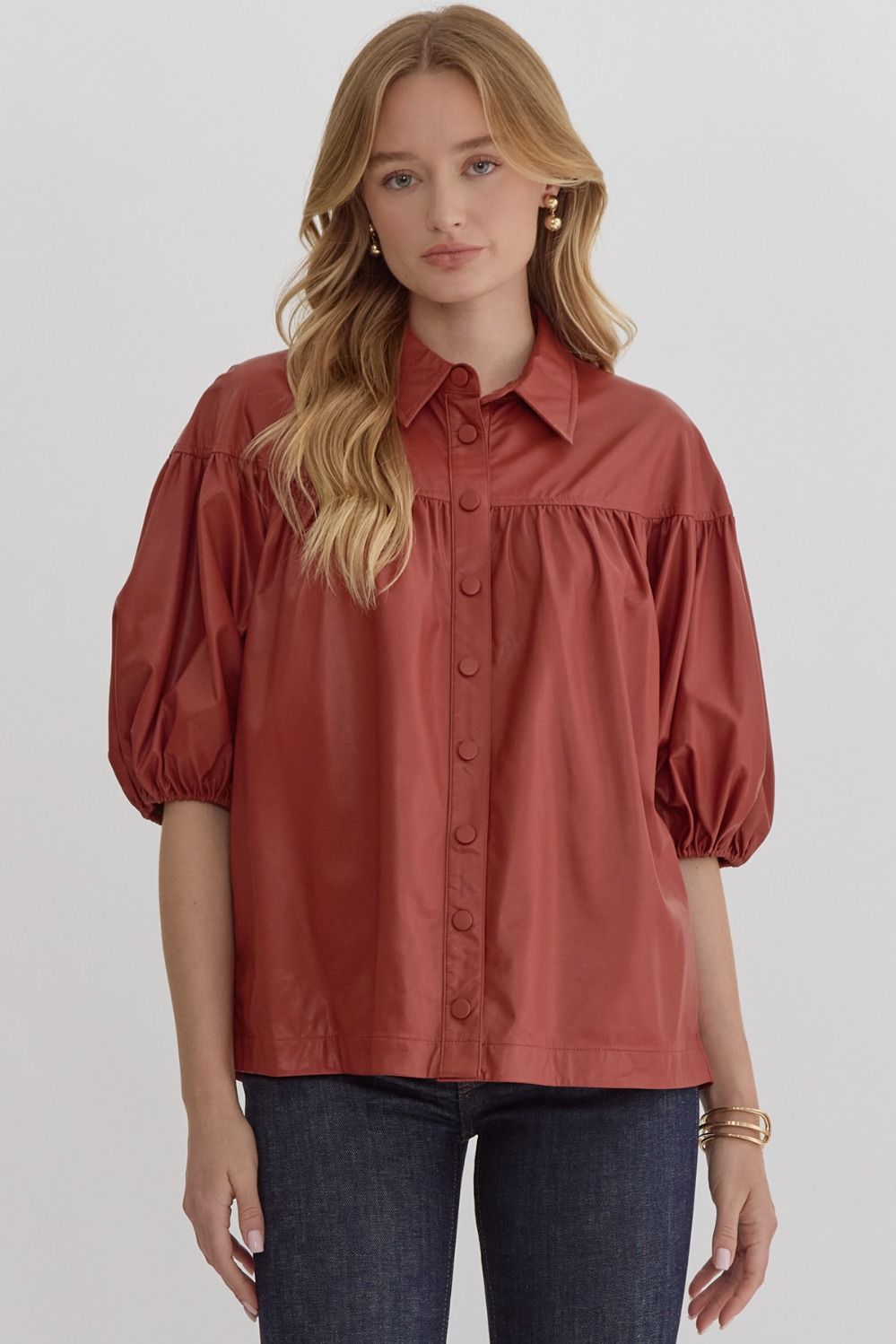 NEWEST ARRIVAL Rust Pleather Snap Button Blouse
