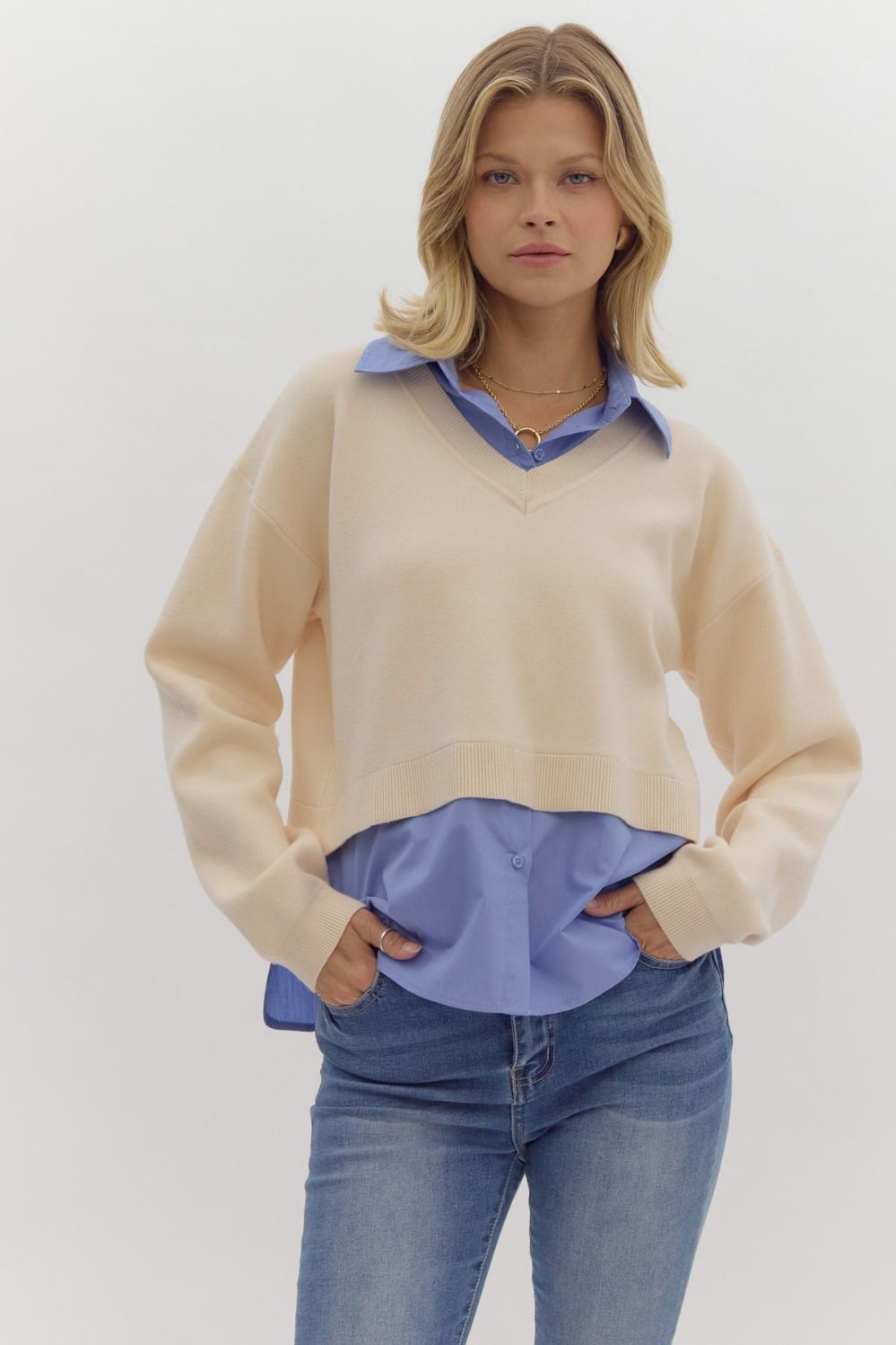 NEWEST ARRIVAL Ivory/Blue Contrast Sweater Top