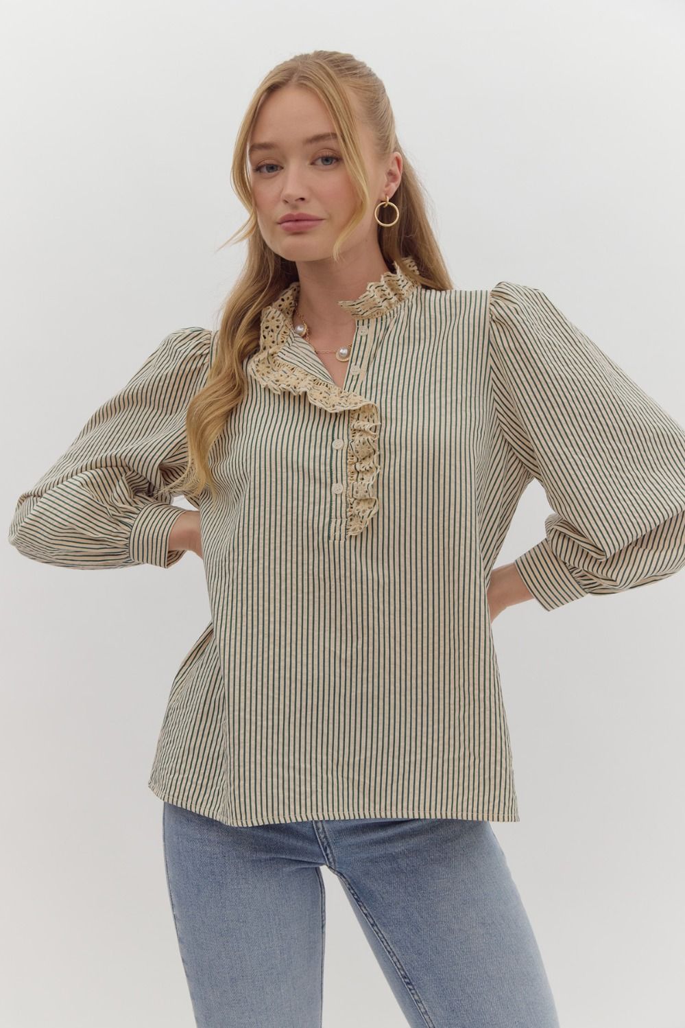 NEWEST ARRIVAL Green/Ivory Ruffle Lace Trim Blouse