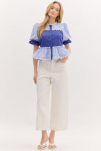 Load image into Gallery viewer, LAST ONE Blue Puff Sleeve Scallop Button Down Blouse
