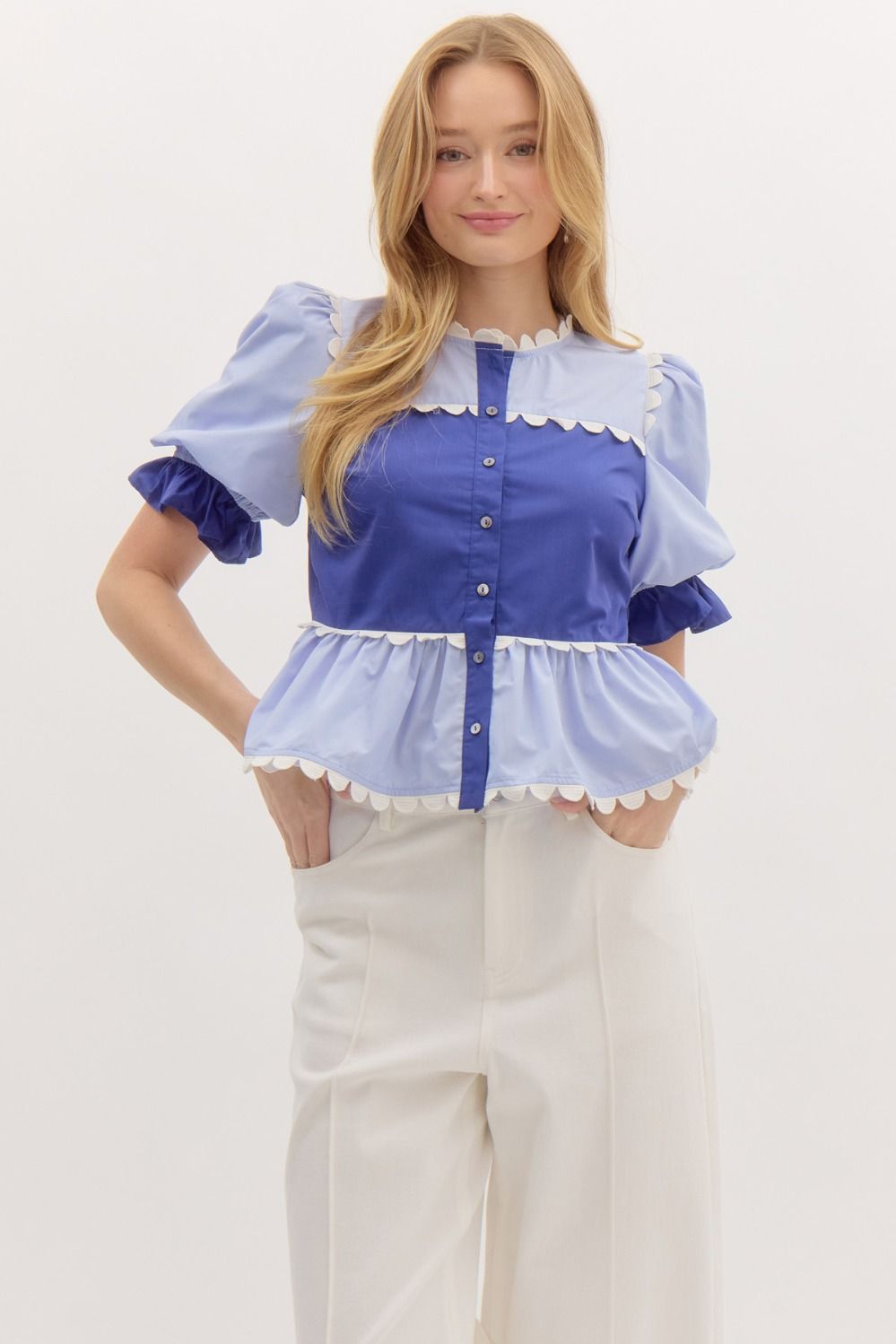 LAST ONE Blue Puff Sleeve Scallop Button Down Blouse