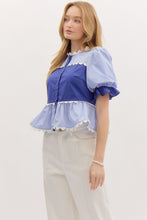 Load image into Gallery viewer, LAST ONE Blue Puff Sleeve Scallop Button Down Blouse
