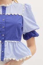 Load image into Gallery viewer, LAST ONE Blue Puff Sleeve Scallop Button Down Blouse
