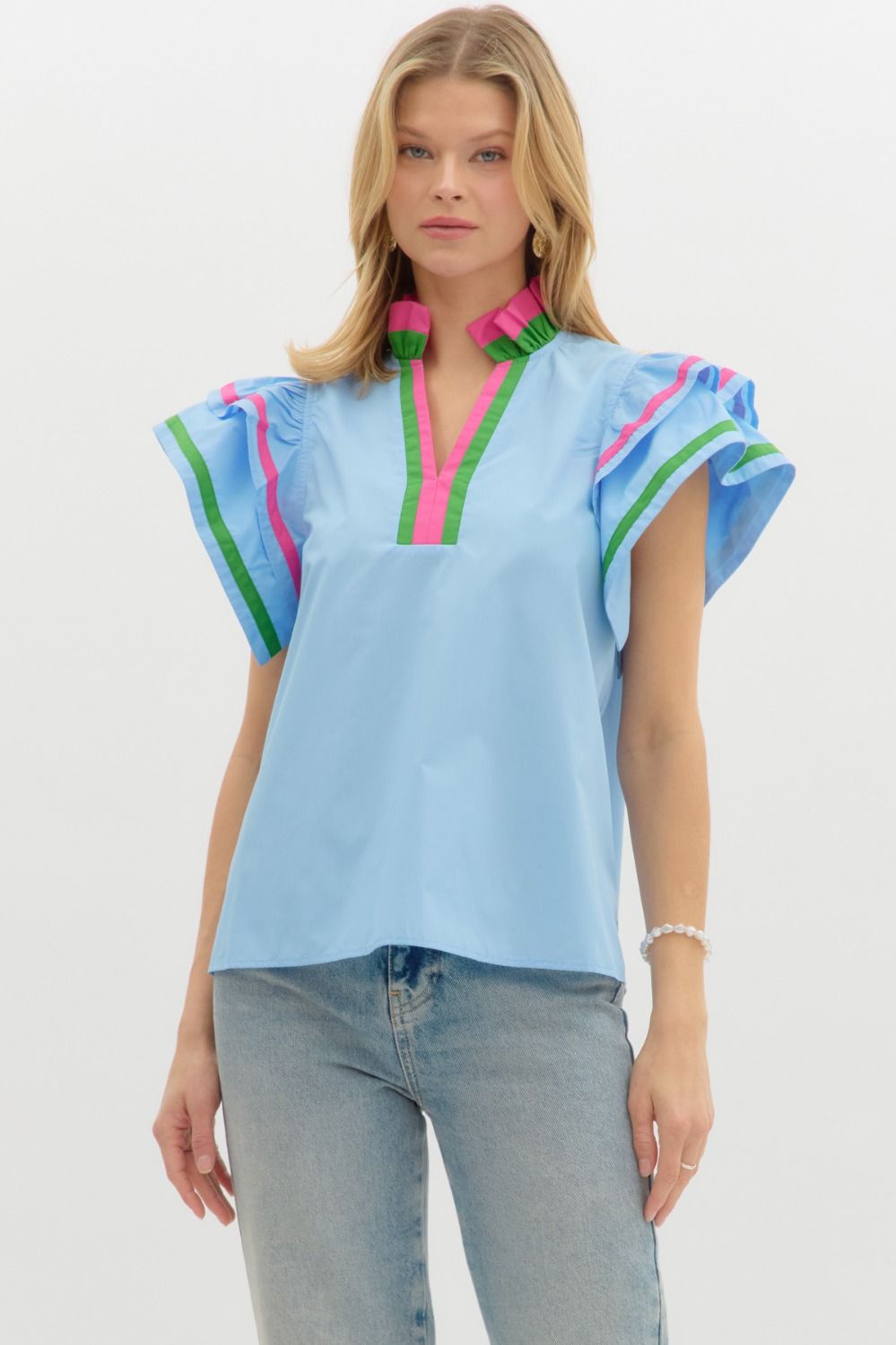 LAST ONE Blue Flutter Sleeve Poplin Blouse