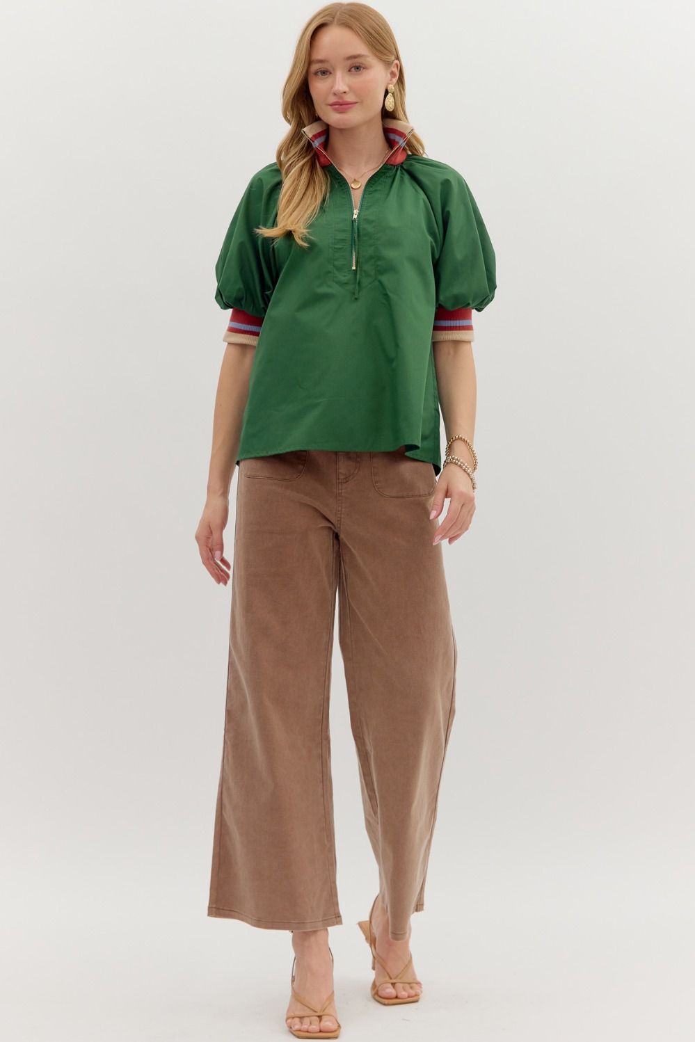 NEWEST ARRIVAL Green Quarter Zip Color Block Trim Poplin Top