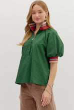 Load image into Gallery viewer, NEWEST ARRIVAL Green Quarter Zip Color Block Trim Poplin Top
