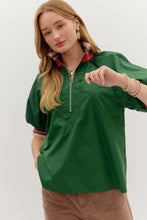 Load image into Gallery viewer, NEWEST ARRIVAL Green Quarter Zip Color Block Trim Poplin Top
