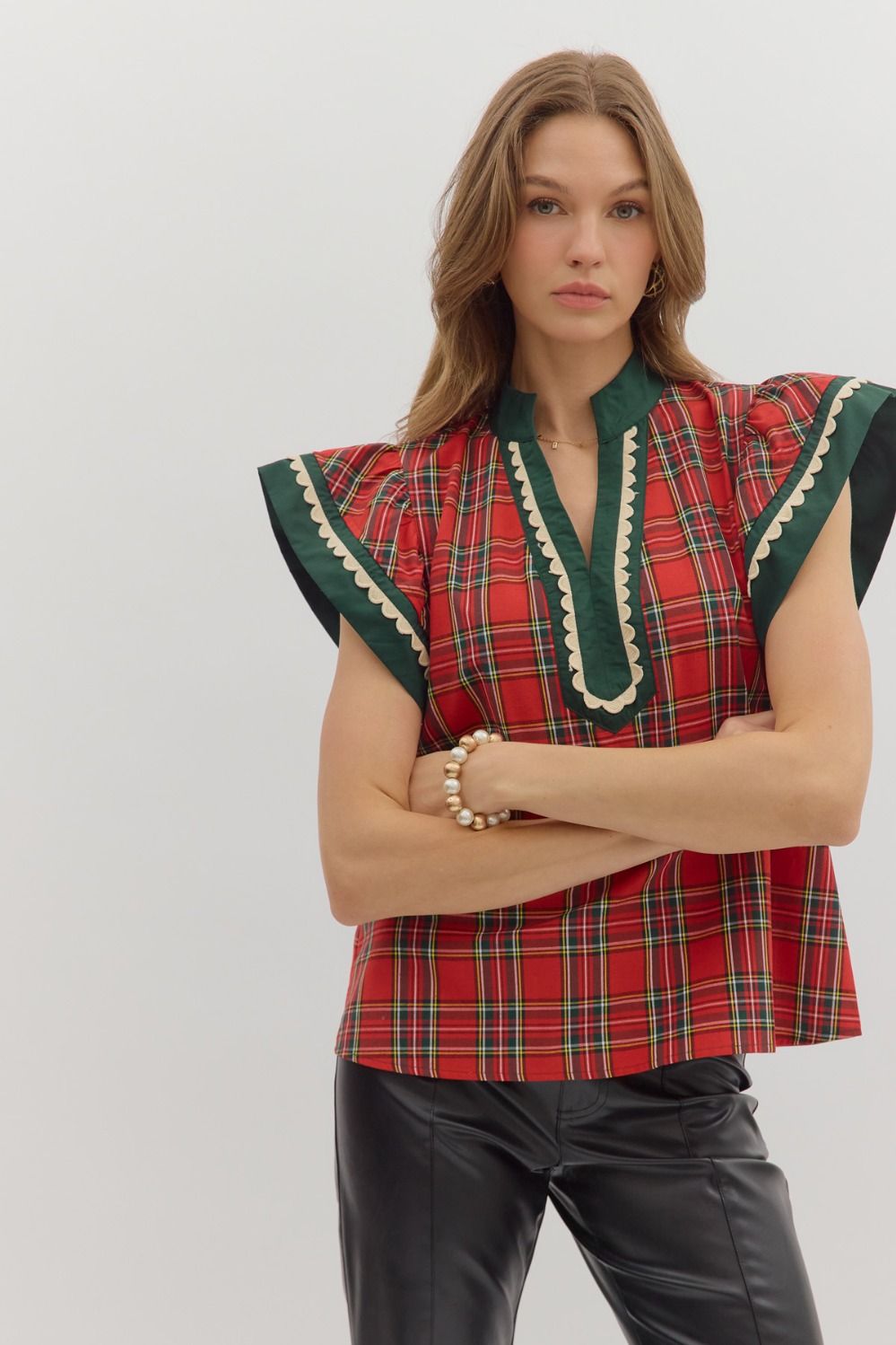 NEWEST ARRIVAL LAST ONE Christmas Plaid Flutter Sleeve Blouse