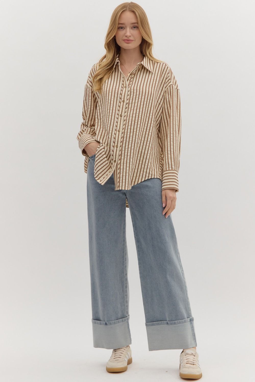 NEWEST ARRIVAL Brown Striped Button Down Long Sleeve