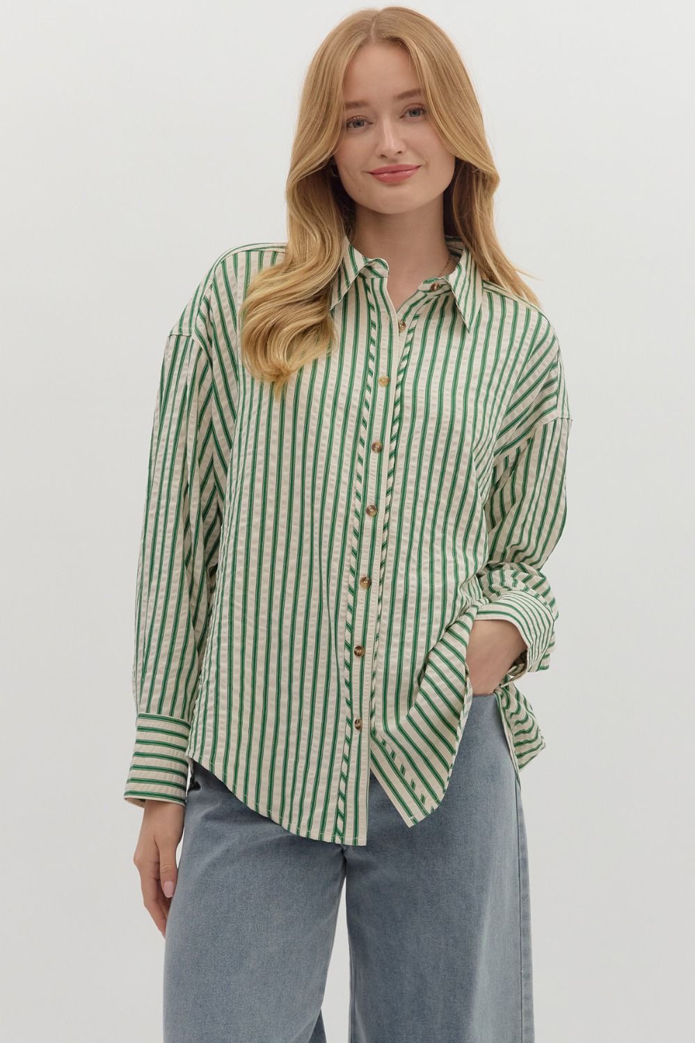 NEWEST ARRIVAL Green Striped Button Down Long Sleeve