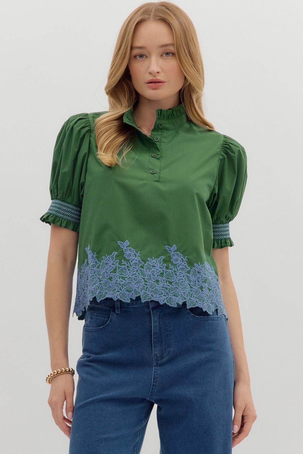 NEWEST ARRIVAL  Green/Blue Embroidered Puff Sleeve Blouse
