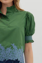 Load image into Gallery viewer, NEWEST ARRIVAL  Green/Blue Embroidered Puff Sleeve Blouse
