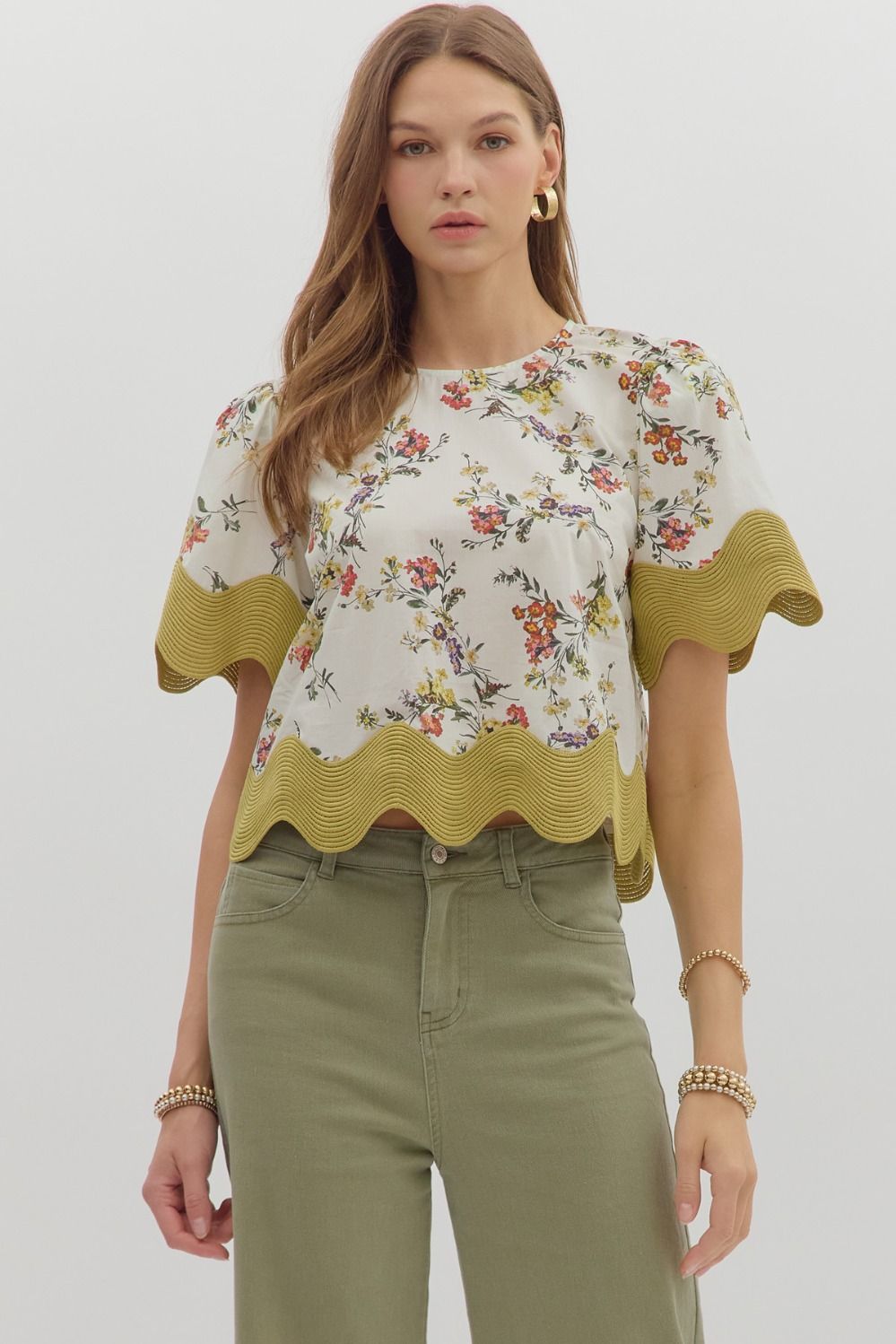NEWEST ARRIVAL Mustard Floral Scallop Blouse