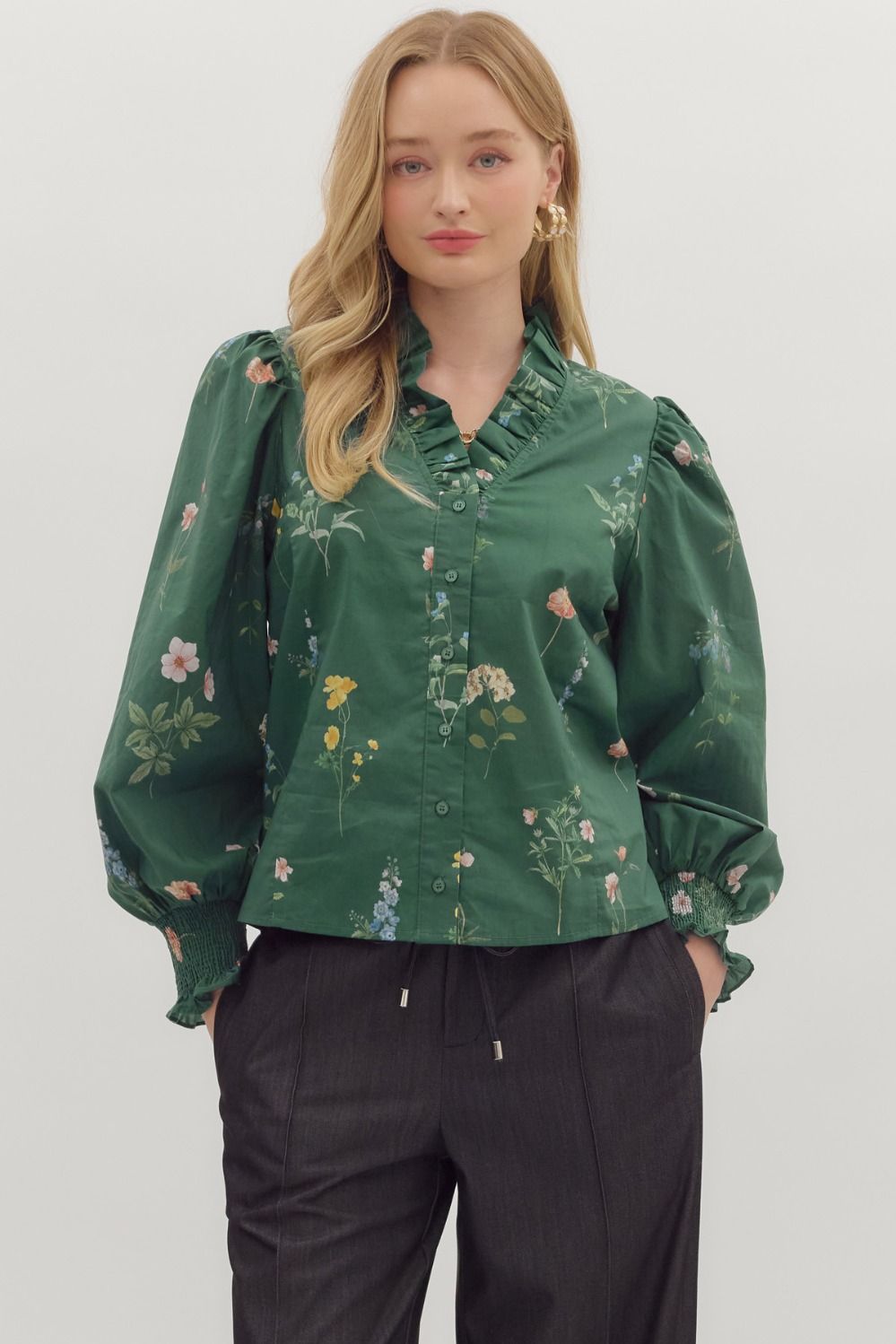 NEWEST ARRIVAL Hunter Green Floral Button Down Blouse