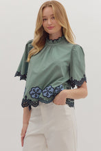 Load image into Gallery viewer, NEWEST ARRIVAL Sage Green/Navy Embroidered Mock Neck Blouse
